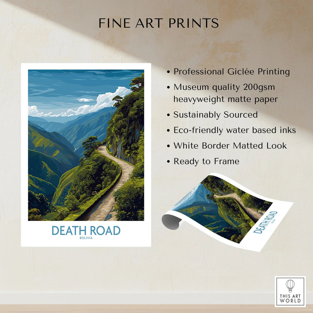 Death Road Bolivia Art Print | Yungas Road Poster fine art print specifications: giclee printing on 200gsm museum quality matte paper, ready to frame