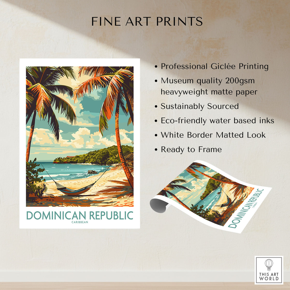 Dominican Republic Print fine art print specifications: giclee printing on 200gsm museum quality matte paper, ready to frame