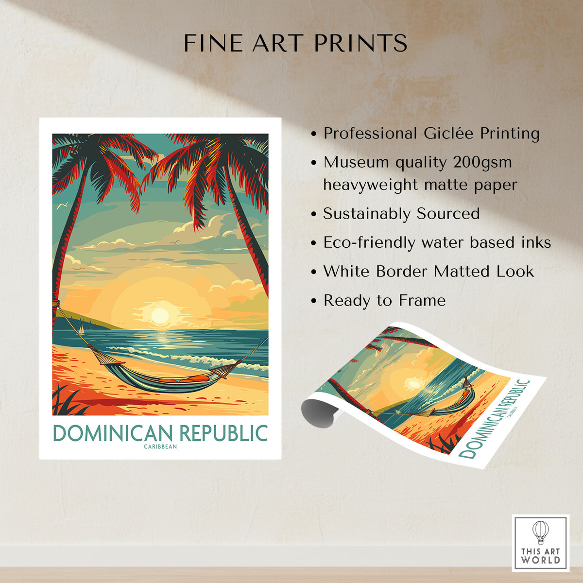 Dominican Republic Wall Art fine art print specifications: giclee printing on 200gsm museum quality matte paper, ready to frame