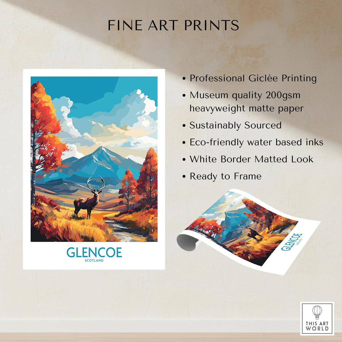 Glencoe Art Print Modern fine art print specifications: giclee printing on 200gsm museum quality matte paper, ready to frame