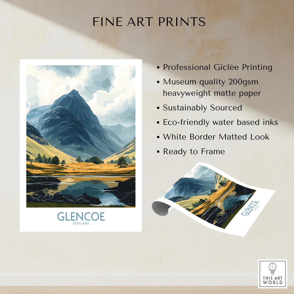 Glencoe Travel Poster fine art print specifications: giclee printing on 200gsm museum quality matte paper, ready to frame