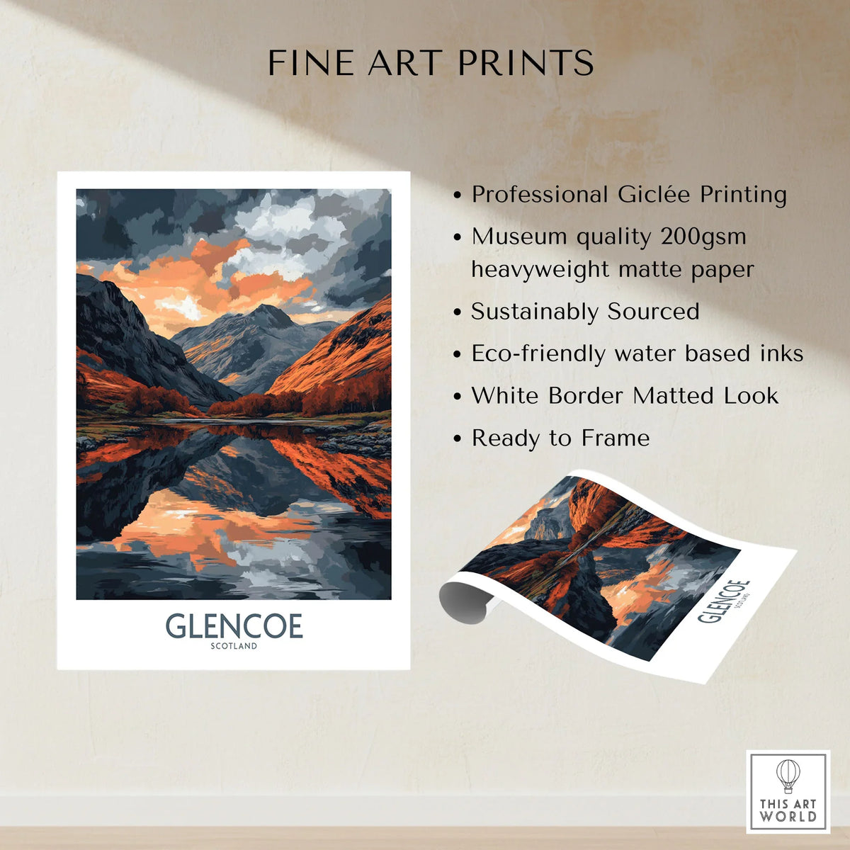 Glencoe Wall Art Poster fine art print specifications: giclee printing on 200gsm museum quality matte paper, ready to frame