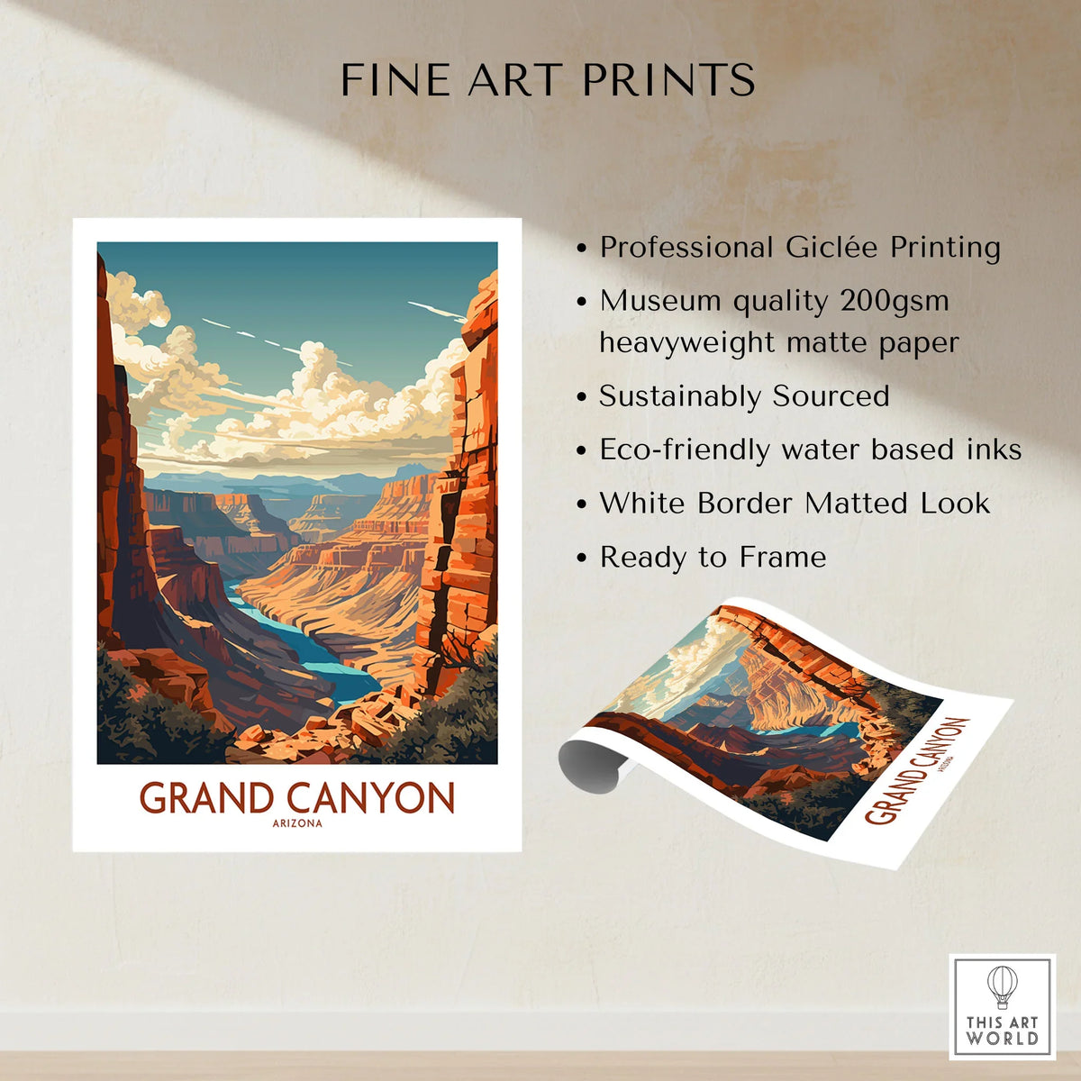 Grand Canyon Wall Art | Modern Style fine art print specifications: giclee printing on 200gsm museum quality matte paper, ready to frame