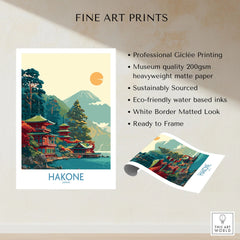 Hakone Japan Lake Ashi Temple Print - Japanese Pagoda Wall Art - Modern fine art print specifications: giclee printing on 200gsm museum quality matte paper, ready to frame