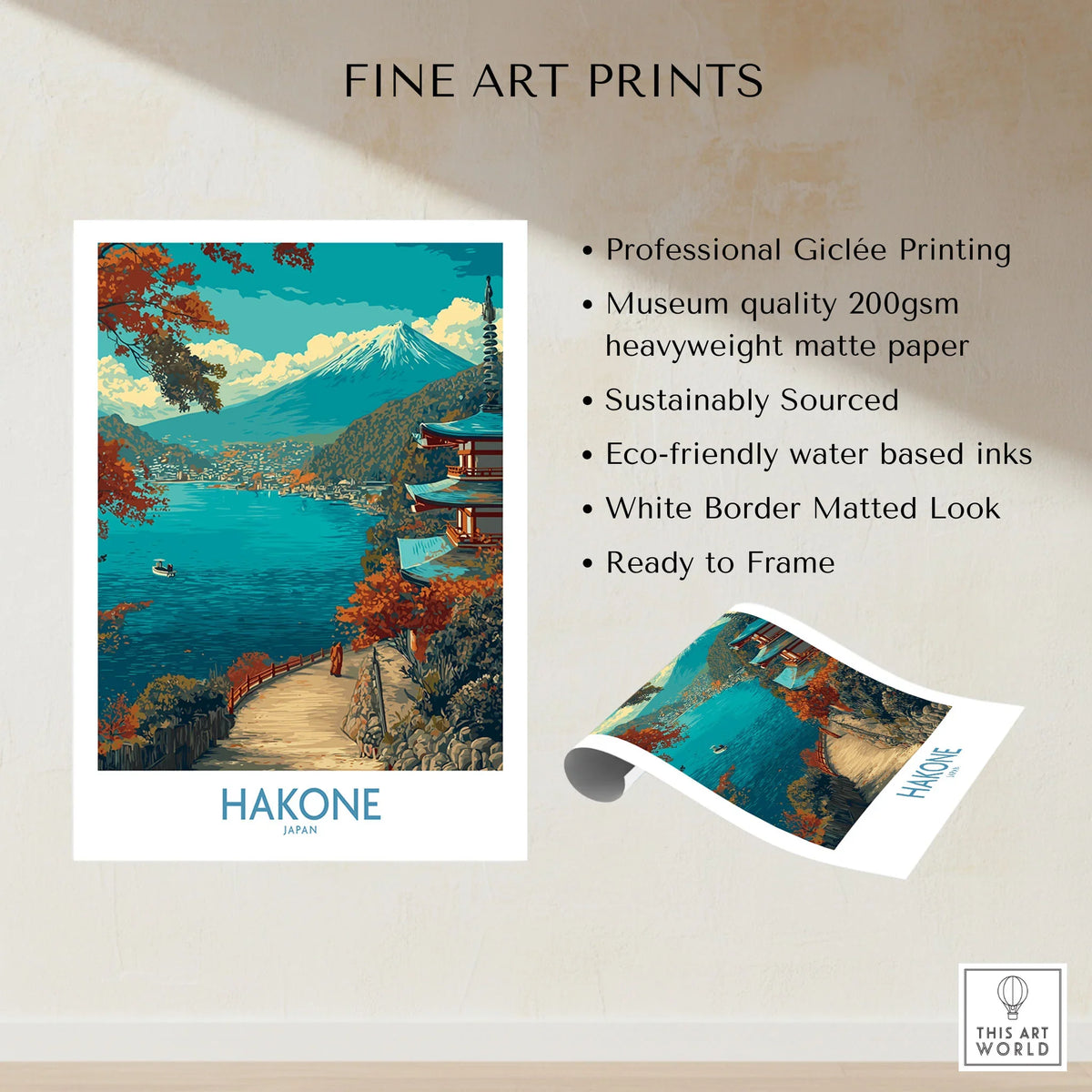 Hakone Japan Lakeside Temple Wall Art - Japanese Nature Travel Decor fine art print specifications: giclee printing on 200gsm museum quality matte paper, ready to frame