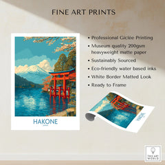Hakone Wall Art Japan Red Torii Gate Poster fine art print specifications: giclee printing on 200gsm museum quality matte paper, ready to frame