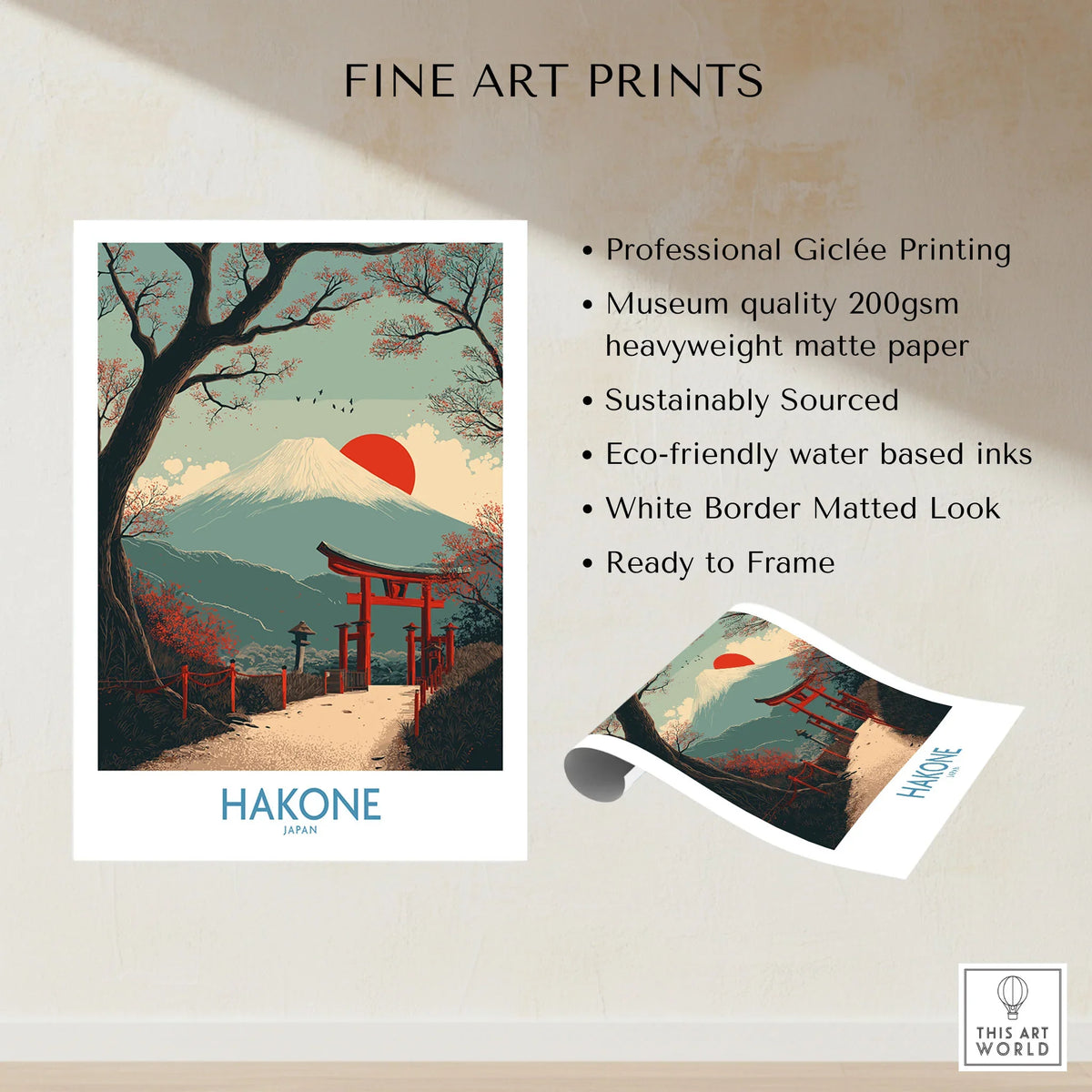 Hakone Japan Peace Gate Shrine Wall Art - Autumn Cherry Blossom Decor fine art print specifications: giclee printing on 200gsm museum quality matte paper, ready to frame