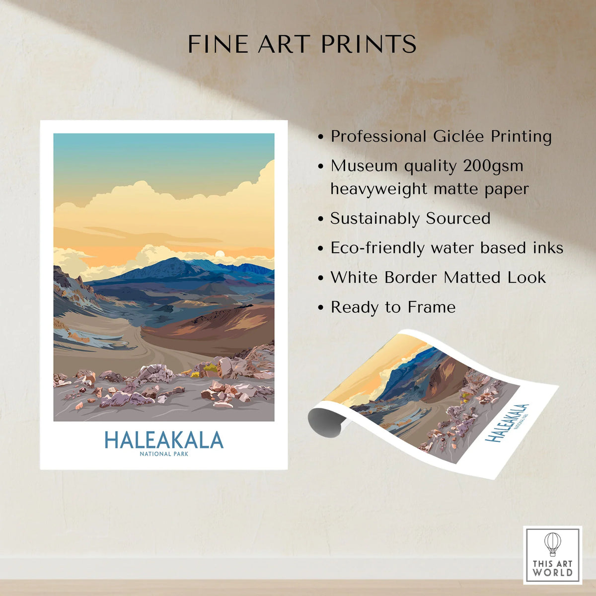 Haleakalā National Park Print, Hawaiian Volcano Poster, Sunset Wall Decor fine art print specifications: giclee printing on 200gsm museum quality matte paper, ready to frame