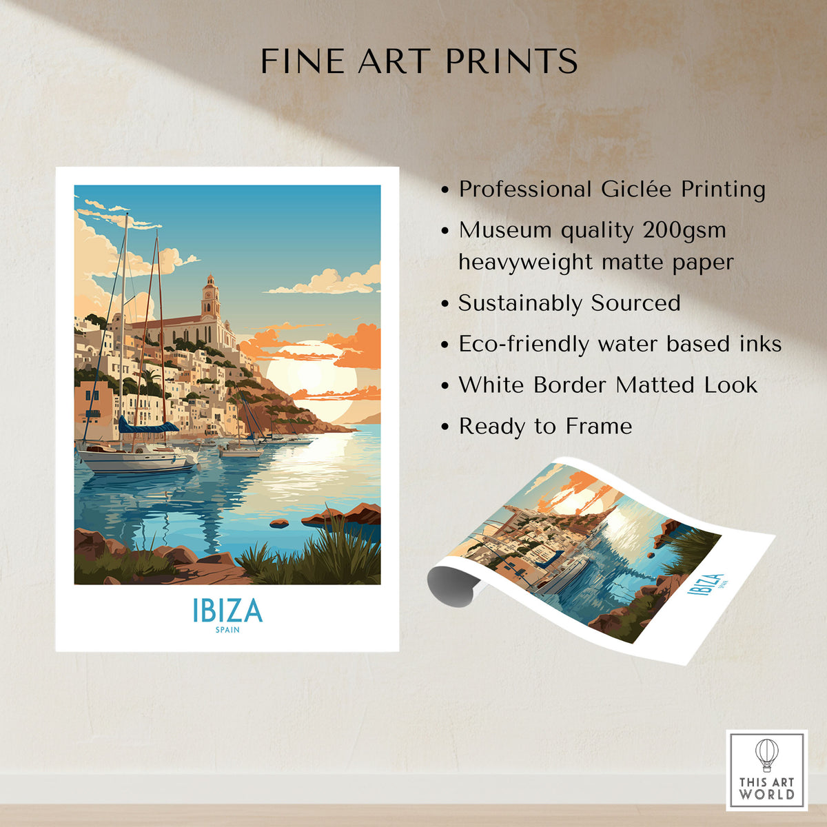 Ibiza Poster Print Modern fine art print specifications: giclee printing on 200gsm museum quality matte paper, ready to frame