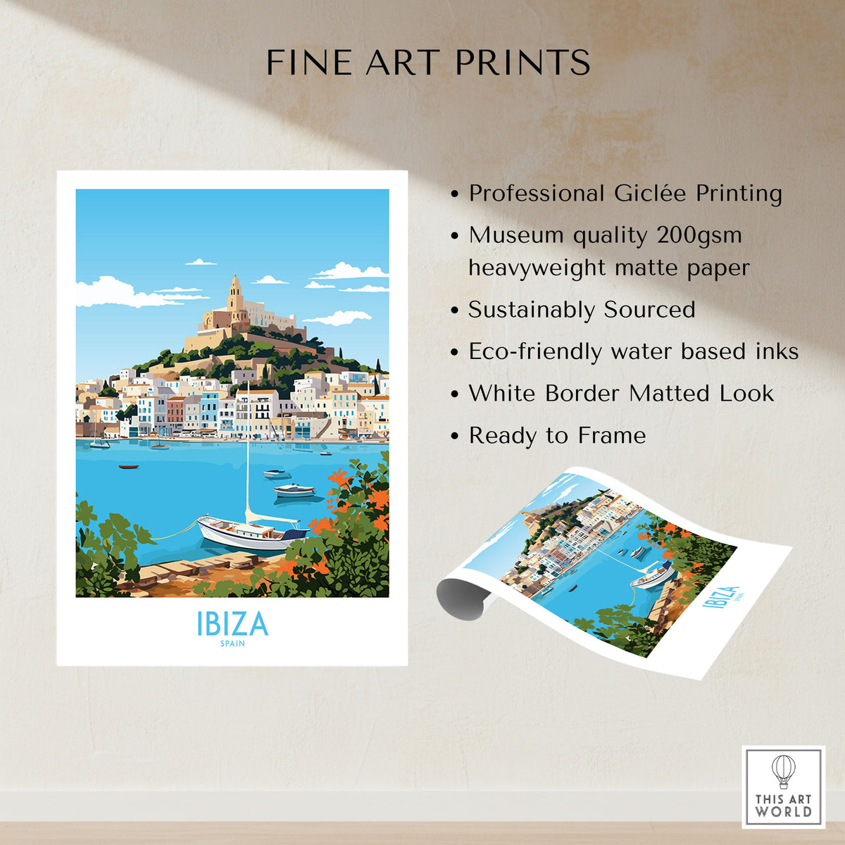 Ibiza Poster fine art print specifications: giclee printing on 200gsm museum quality matte paper, ready to frame