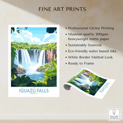 Iguazu Falls Travel Poster fine art print specifications: giclee printing on 200gsm museum quality matte paper, ready to frame