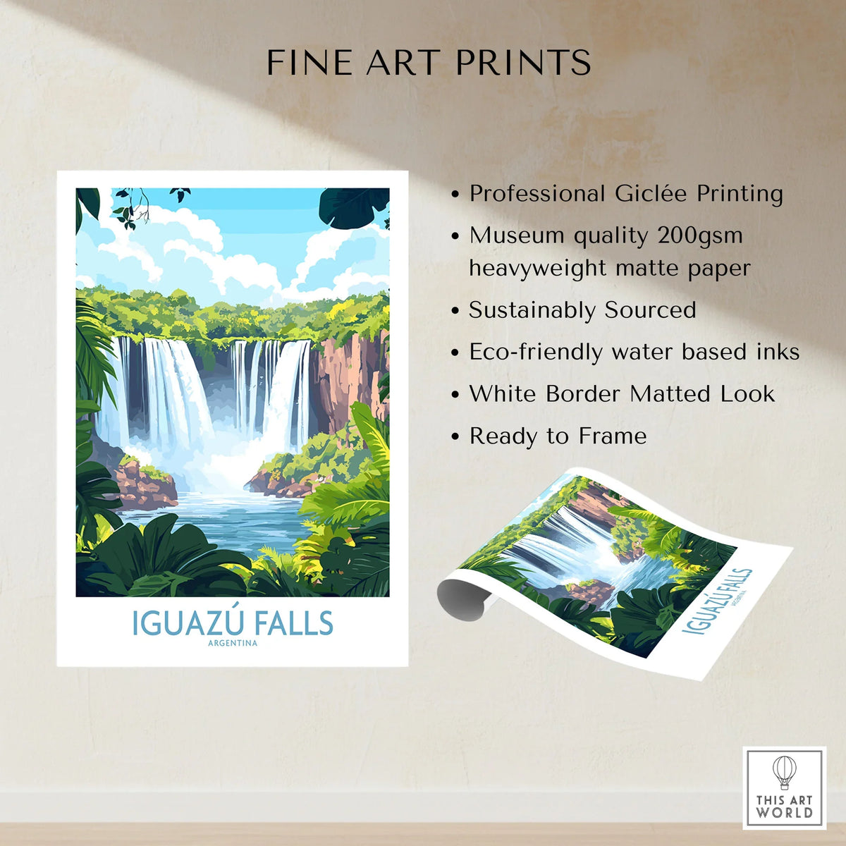 Iguazu Falls Travel Poster fine art print specifications: giclee printing on 200gsm museum quality matte paper, ready to frame