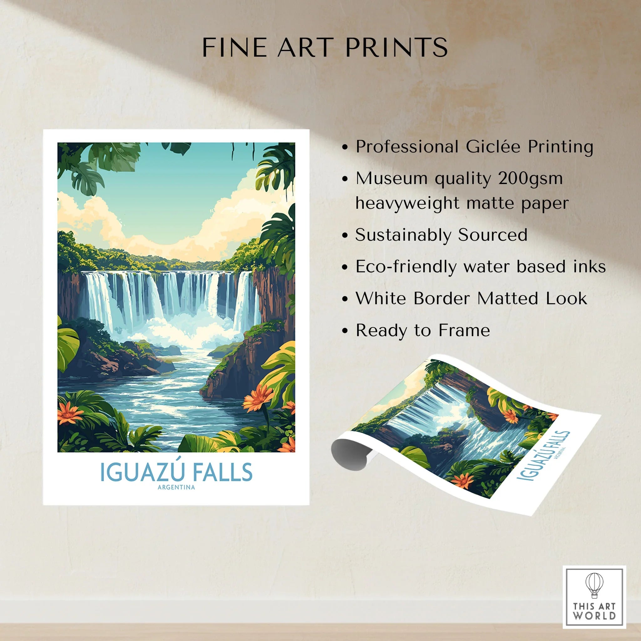 Iguazu Falls Poster Argentina fine art print specifications: giclee printing on 200gsm museum quality matte paper, ready to frame