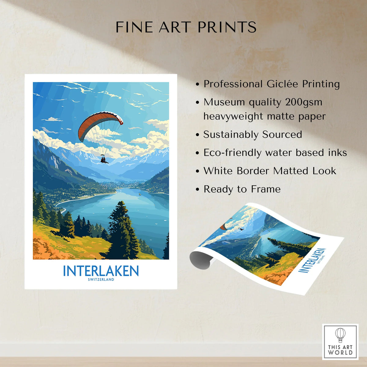 Interlaken Wall Art Print fine art print specifications: giclee printing on 200gsm museum quality matte paper, ready to frame