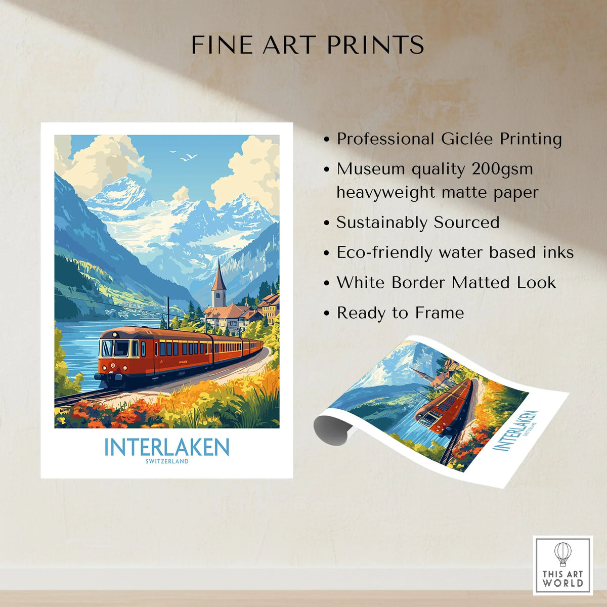 Interlaken Travel Poster fine art print specifications: giclee printing on 200gsm museum quality matte paper, ready to frame