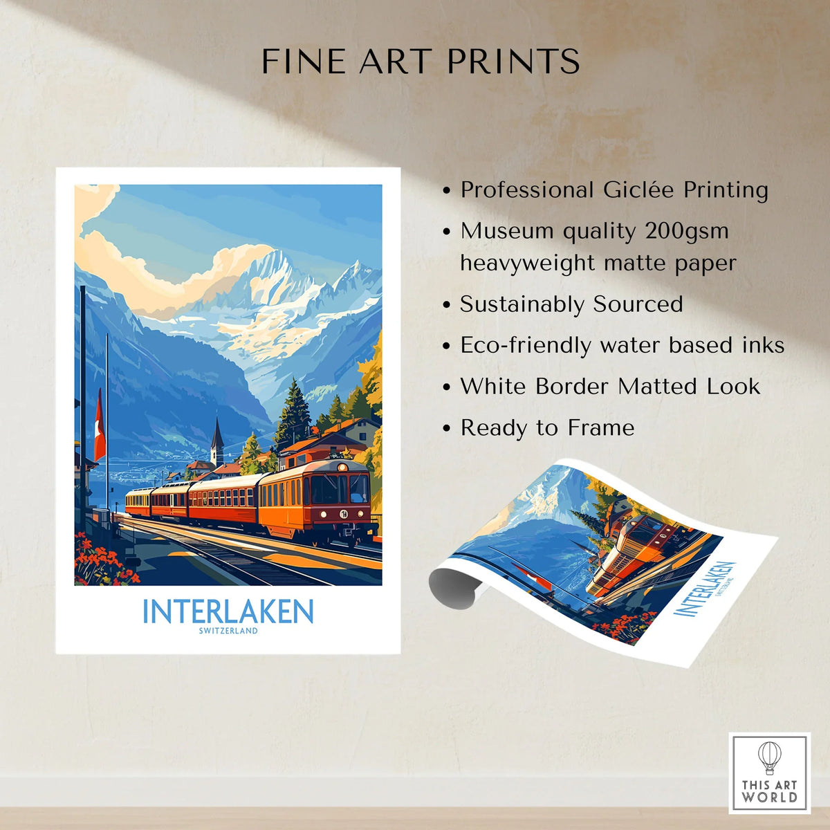 Interlaken Wall Art Print No. 2 fine art print specifications: giclee printing on 200gsm museum quality matte paper, ready to frame