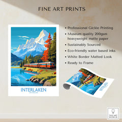 Interlaken Poster Switzerland fine art print specifications: giclee printing on 200gsm museum quality matte paper, ready to frame