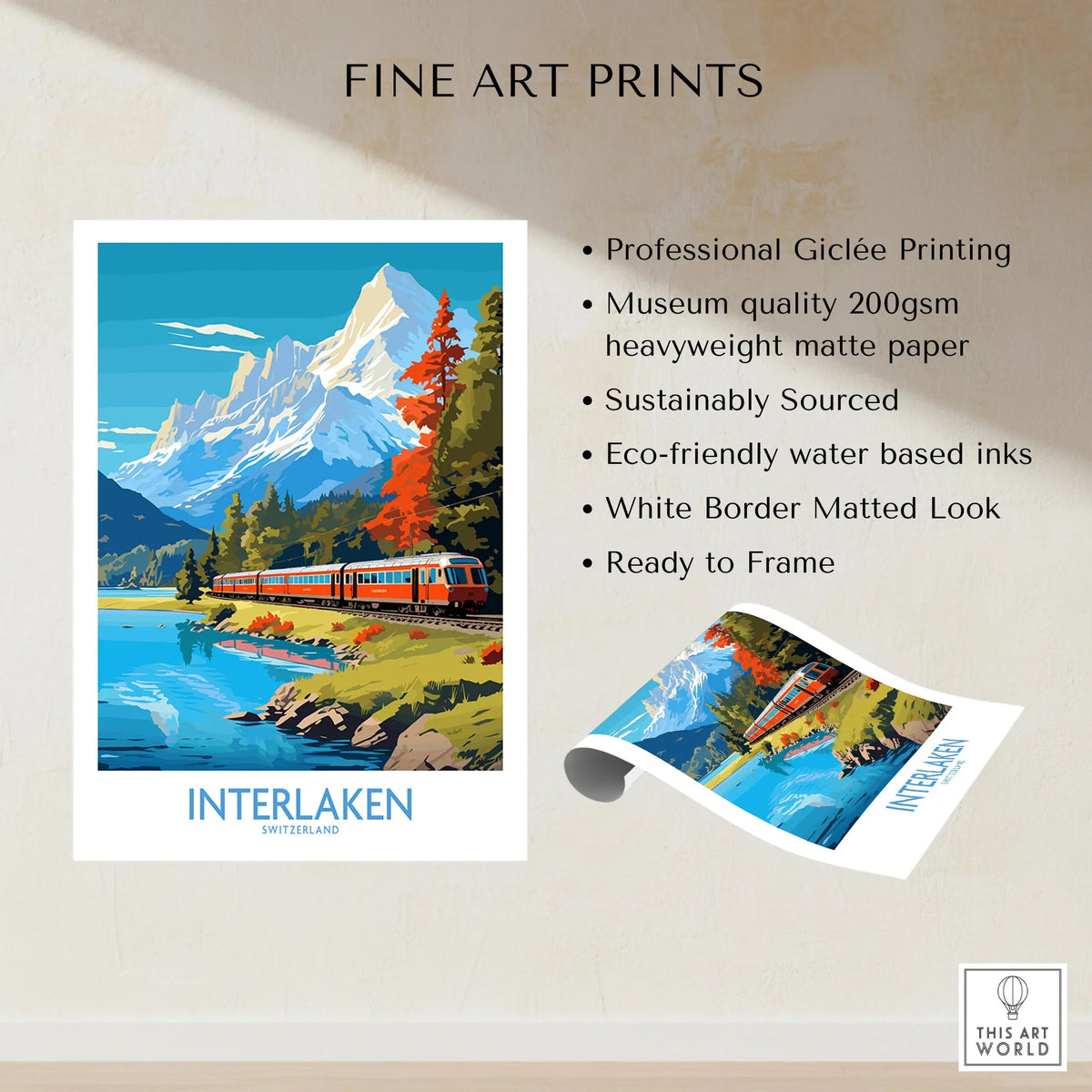 Interlaken Poster Switzerland fine art print specifications: giclee printing on 200gsm museum quality matte paper, ready to frame