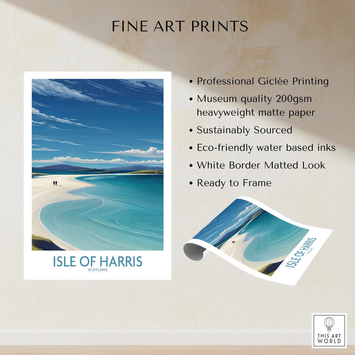 Isle of Harris Poster Scotland - Outer Hebrides Travel Print fine art print specifications: giclee printing on 200gsm museum quality matte paper, ready to frame