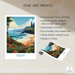 Kauai Travel Poster fine art print specifications: giclee printing on 200gsm museum quality matte paper, ready to frame