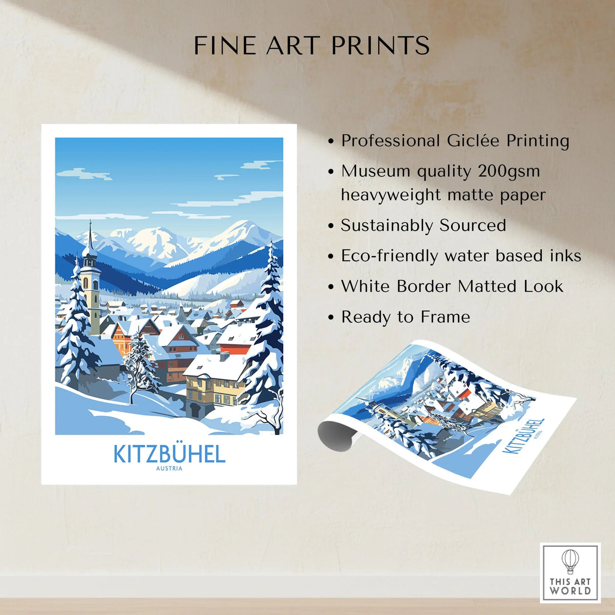 Kitzbuhel Austria Art Print fine art print specifications: giclee printing on 200gsm museum quality matte paper, ready to frame