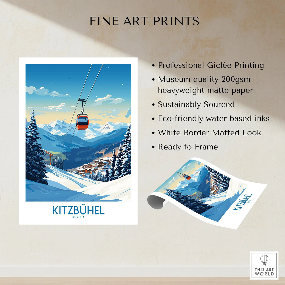 Kitzbuhel Wall Art Print fine art print specifications: giclee printing on 200gsm museum quality matte paper, ready to frame