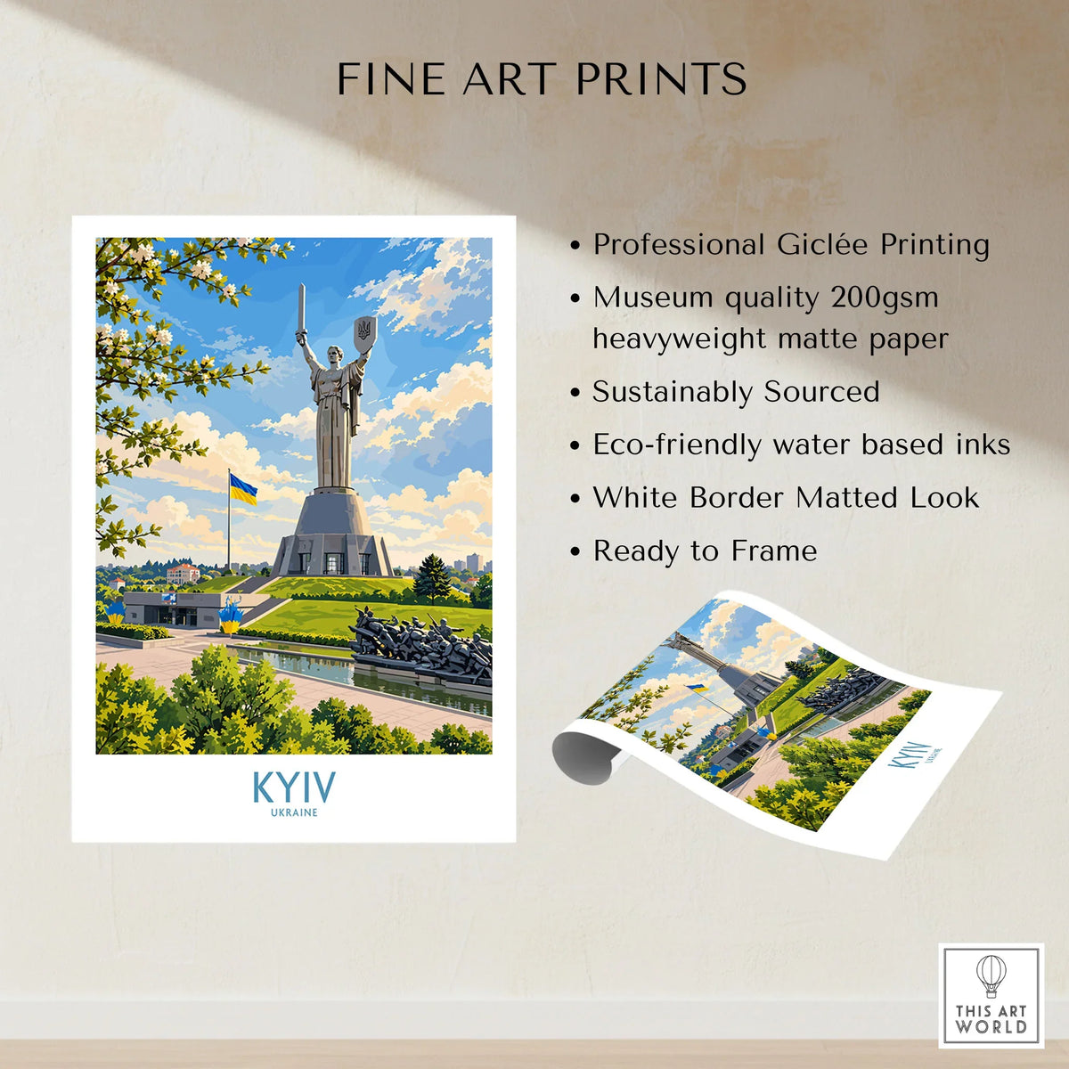 Kyiv Ukraine Spring Blossom Wall Art — the Motherland Monument under spring blossom with the Ukrainian flag flying, shown as fine art print unframed quality details