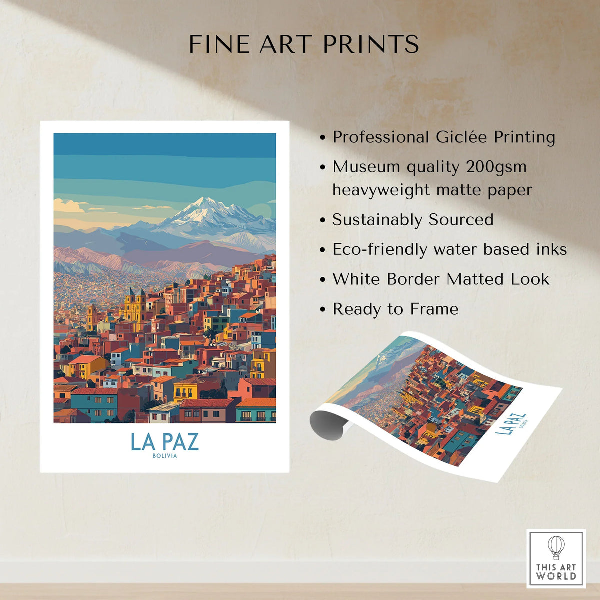 La Paz Bolivia Urban Landscape Wall Art - South American City Print fine art print specifications: giclee printing on 200gsm museum quality matte paper, ready to frame