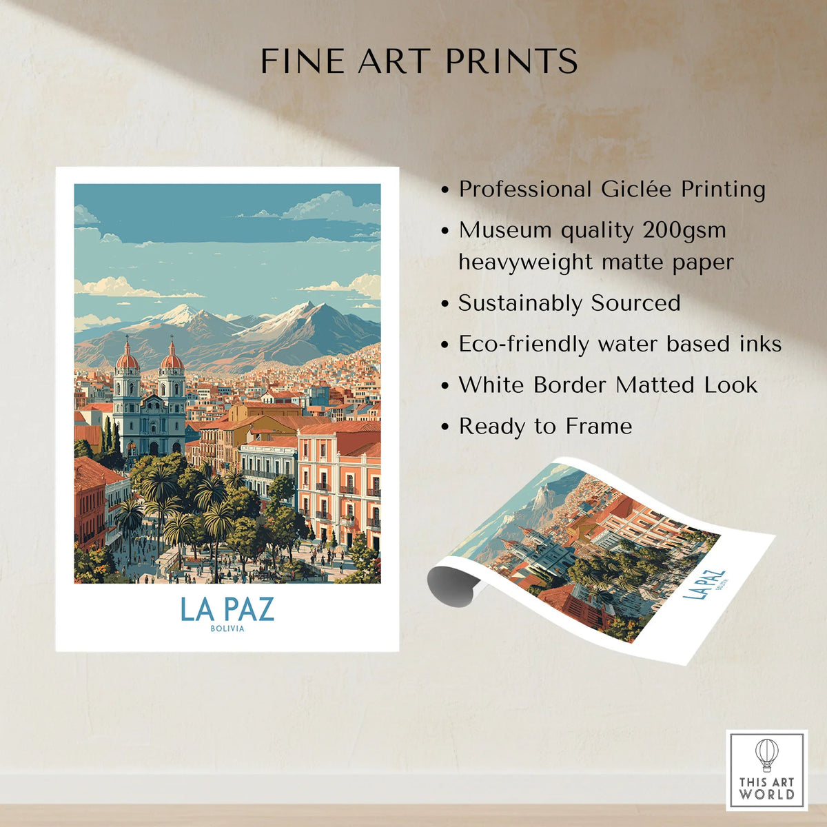 La Paz Bolivia Wall Art Poster - Bolivian Capital Travel Decor fine art print specifications: giclee printing on 200gsm museum quality matte paper, ready to frame