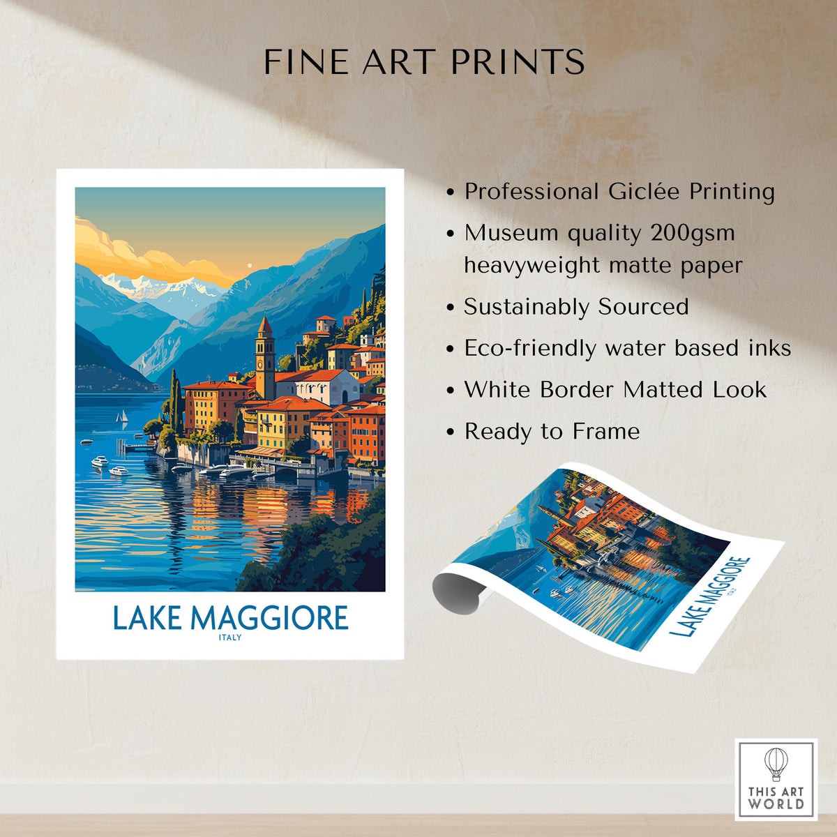 Lake Maggiore Italy Poster fine art print specifications: giclee printing on 200gsm museum quality matte paper, ready to frame