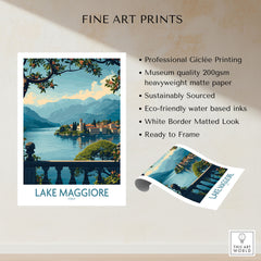 Lake Maggiore Poster Italy fine art print specifications: giclee printing on 200gsm museum quality matte paper, ready to frame