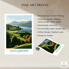 Loch Lomond Scotland Highland View Wall Art — autumn slopes rolling down to Loch Lomond with Highland hills beyond, shown as fine art print unframed quality details