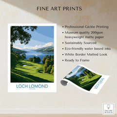 Loch Lomond Scotland Lochside Meadow Wall Art — a sunlit grassy shoreline running down to Loch Lomond under old oaks, shown as fine art print unframed quality details