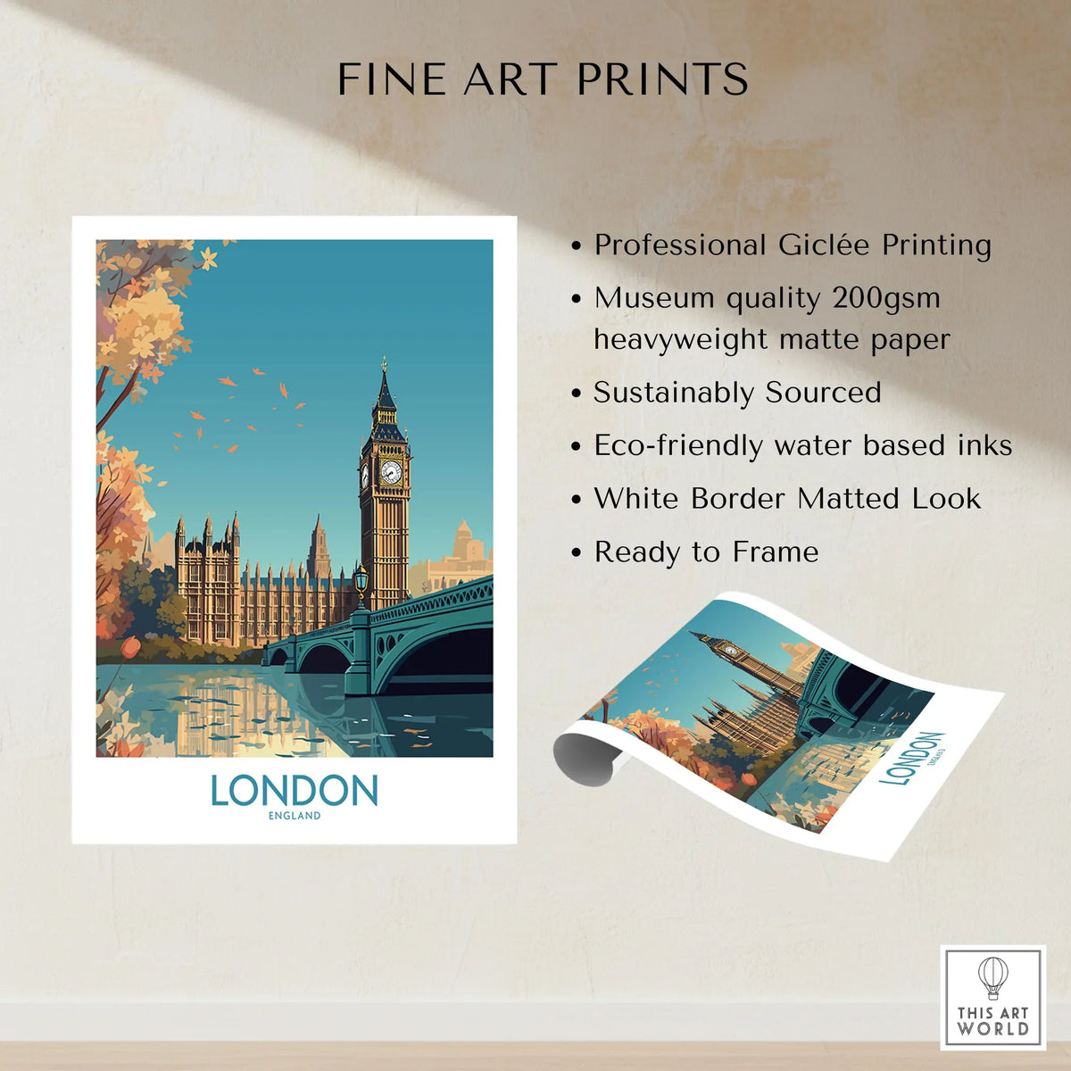 London Big Ben Wall Art | Modern Style fine art print specifications: giclee printing on 200gsm museum quality matte paper, ready to frame
