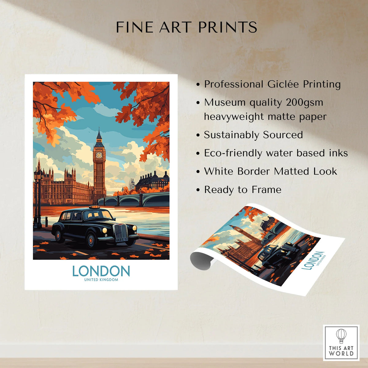 London Wall Art Print - Modern fine art print specifications: giclee printing on 200gsm museum quality matte paper, ready to frame