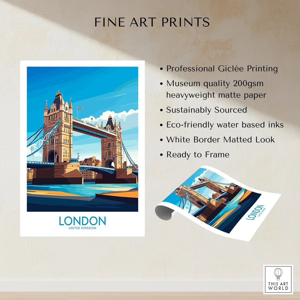London Poster England fine art print specifications: giclee printing on 200gsm museum quality matte paper, ready to frame