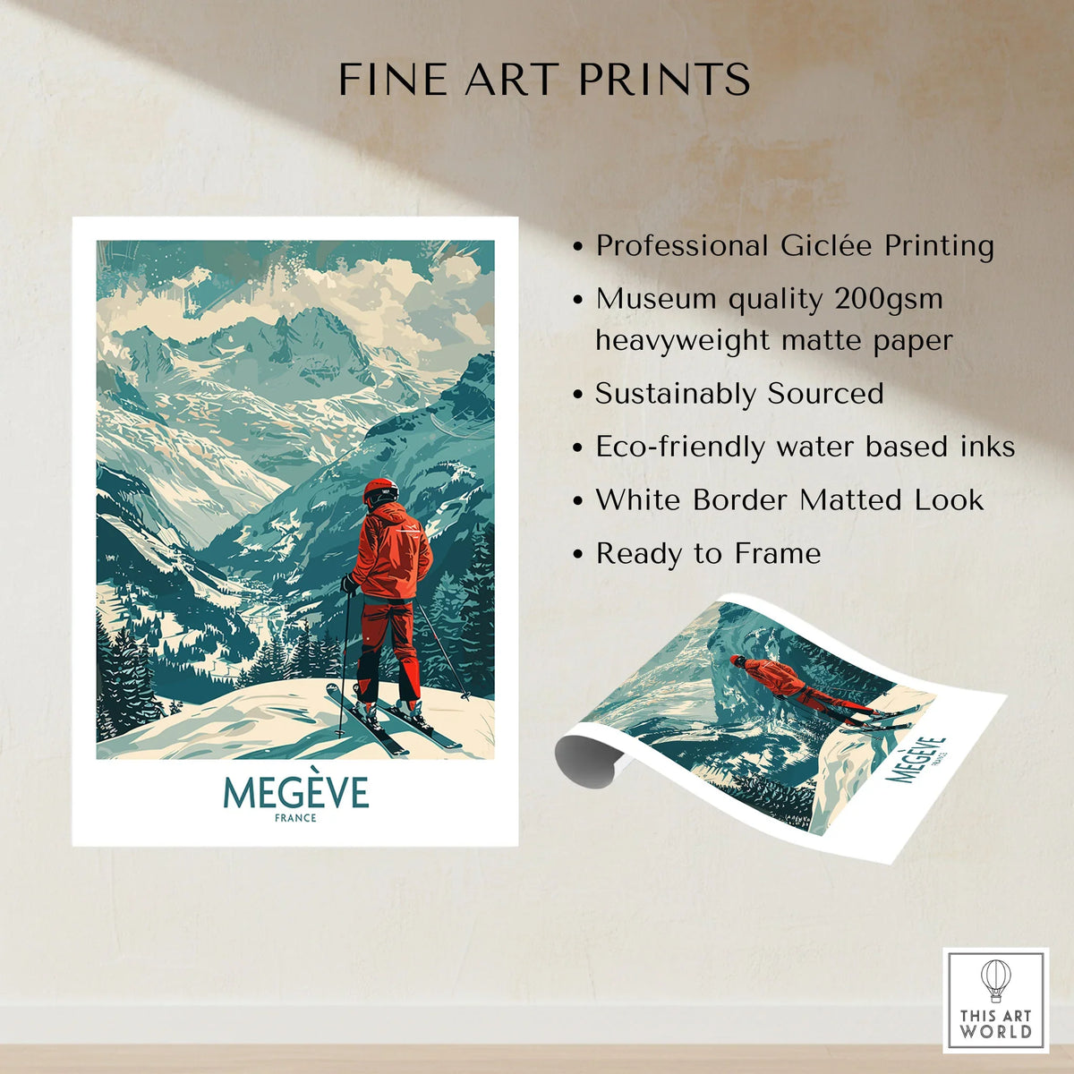 Megève Wall Art - France fine art print specifications: giclee printing on 200gsm museum quality matte paper, ready to frame