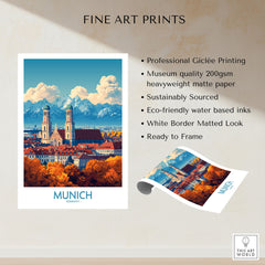 Munich Travel Poster fine art print specifications: giclee printing on 200gsm museum quality matte paper, ready to frame