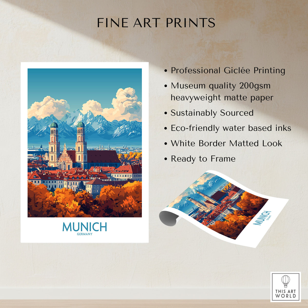Munich Travel Poster fine art print specifications: giclee printing on 200gsm museum quality matte paper, ready to frame