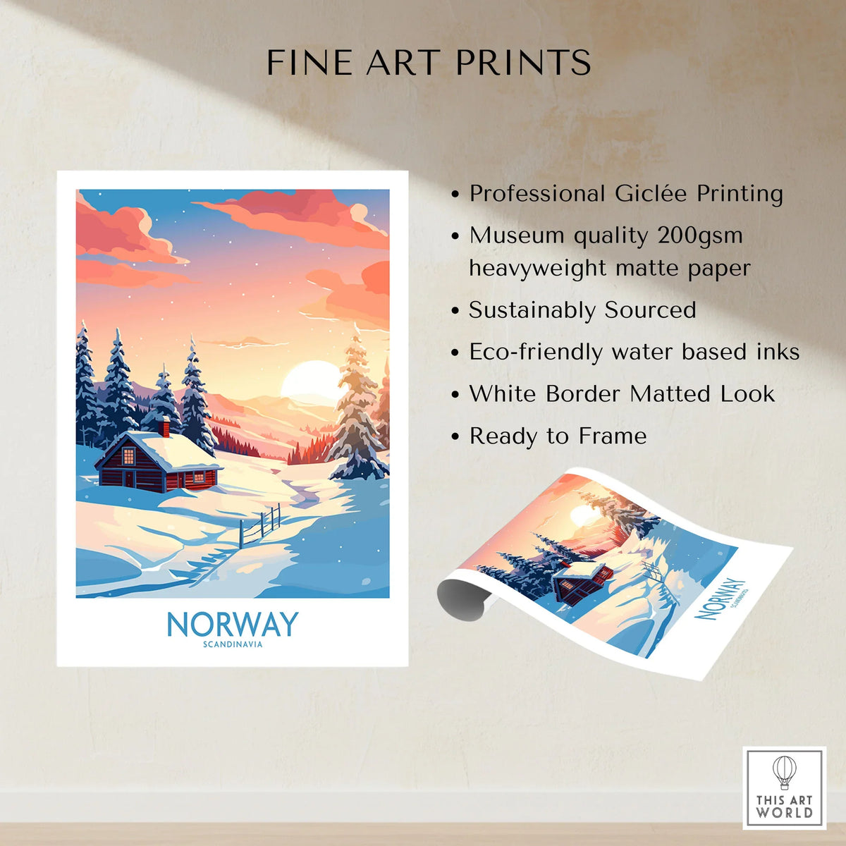 Norway Poster Print fine art print specifications: giclee printing on 200gsm museum quality matte paper, ready to frame