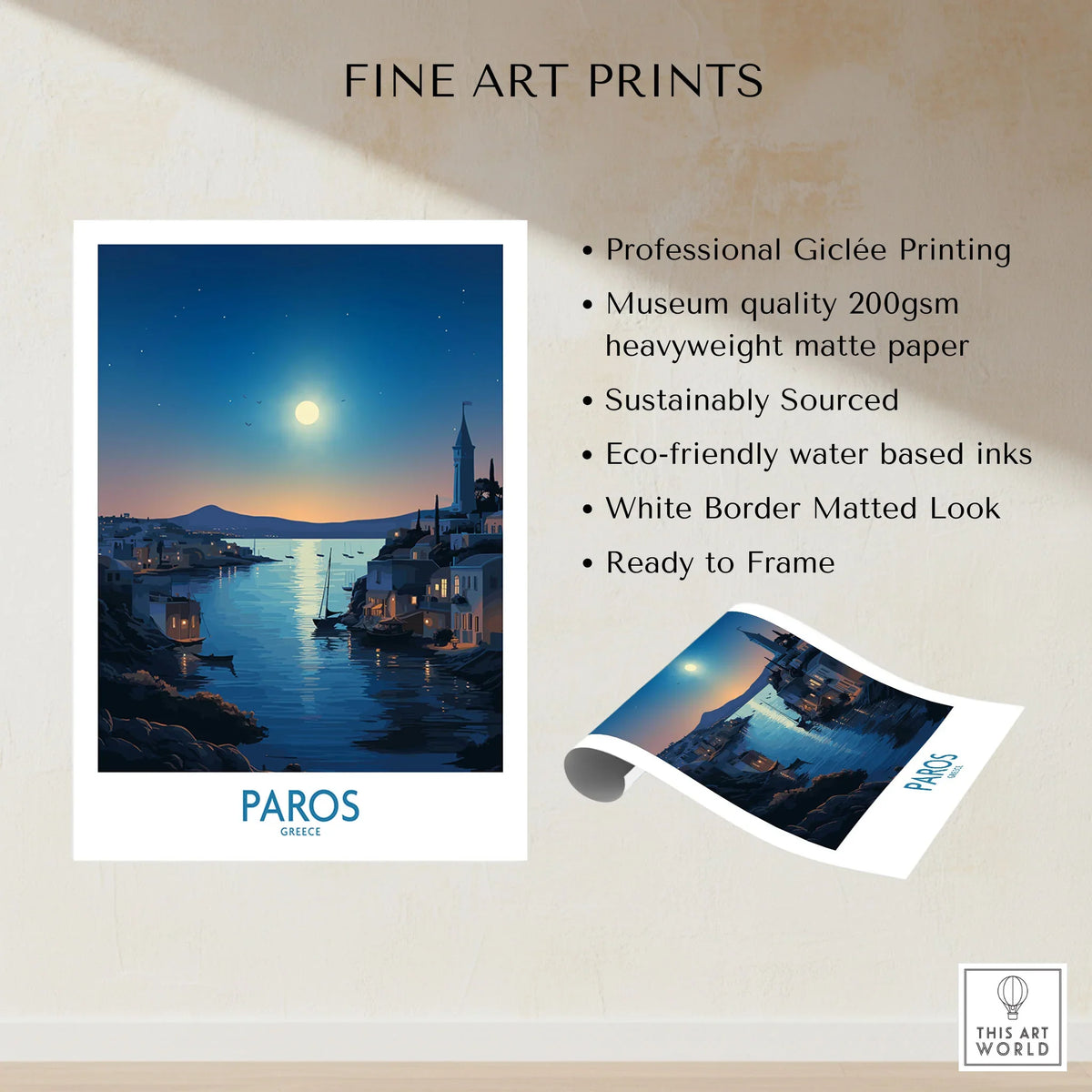 Paros Poster Greece fine art print specifications: giclee printing on 200gsm museum quality matte paper, ready to frame