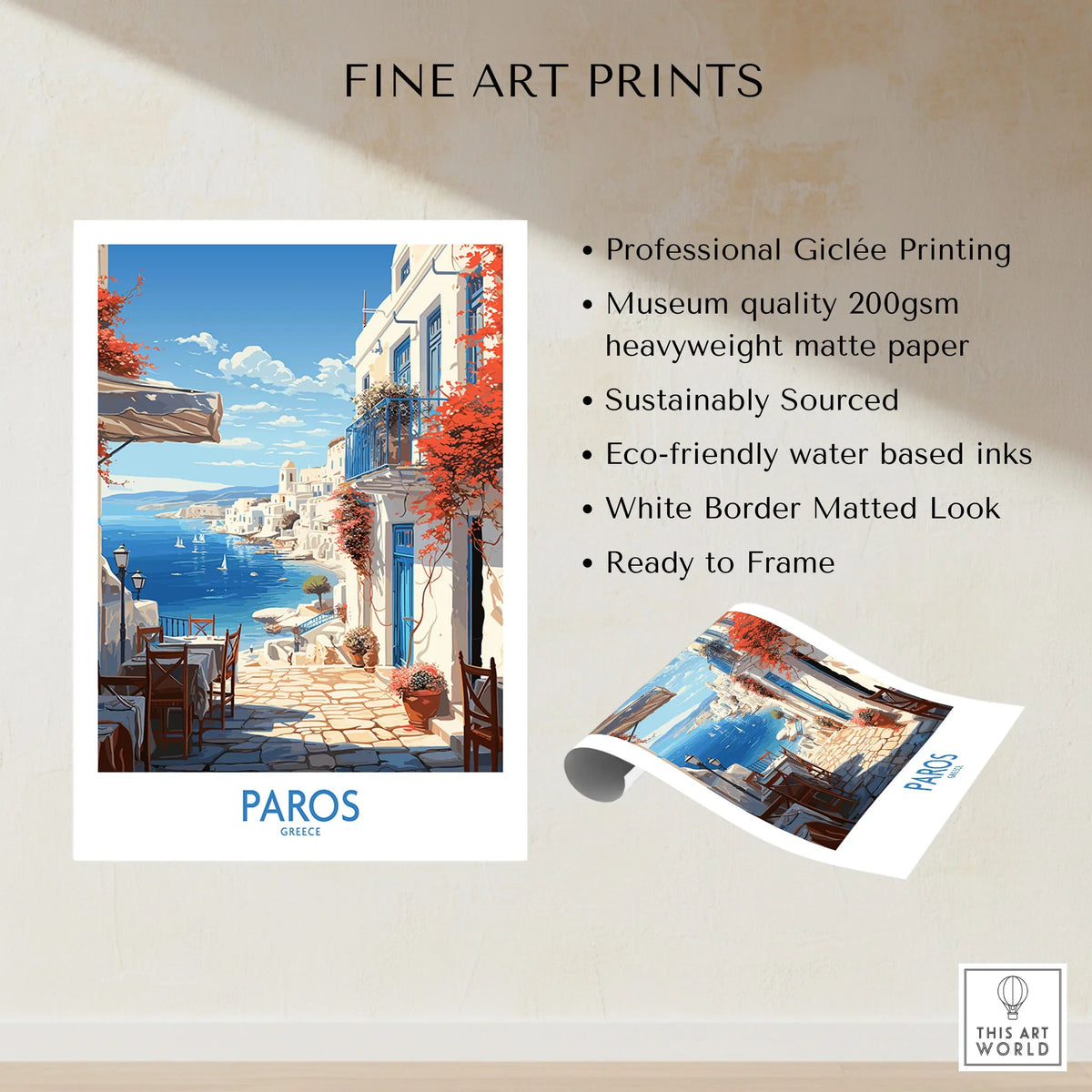 Paros Wall Art Greece fine art print specifications: giclee printing on 200gsm museum quality matte paper, ready to frame