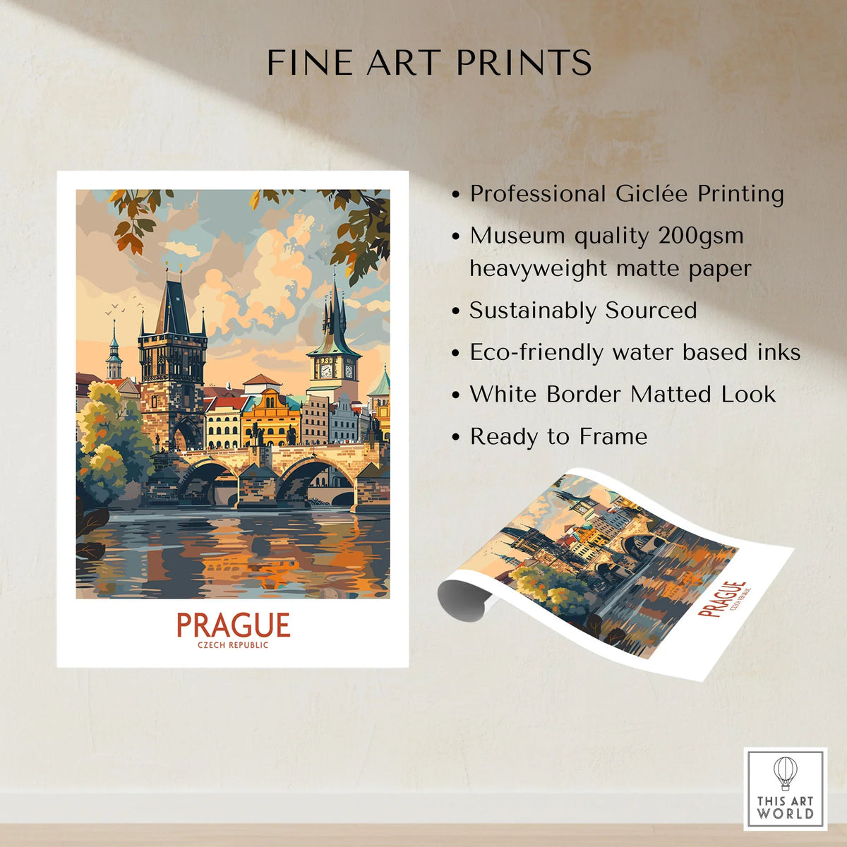 Prague Travel Poster fine art print specifications: giclee printing on 200gsm museum quality matte paper, ready to frame