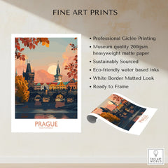 Prague Travel Print fine art print specifications: giclee printing on 200gsm museum quality matte paper, ready to frame