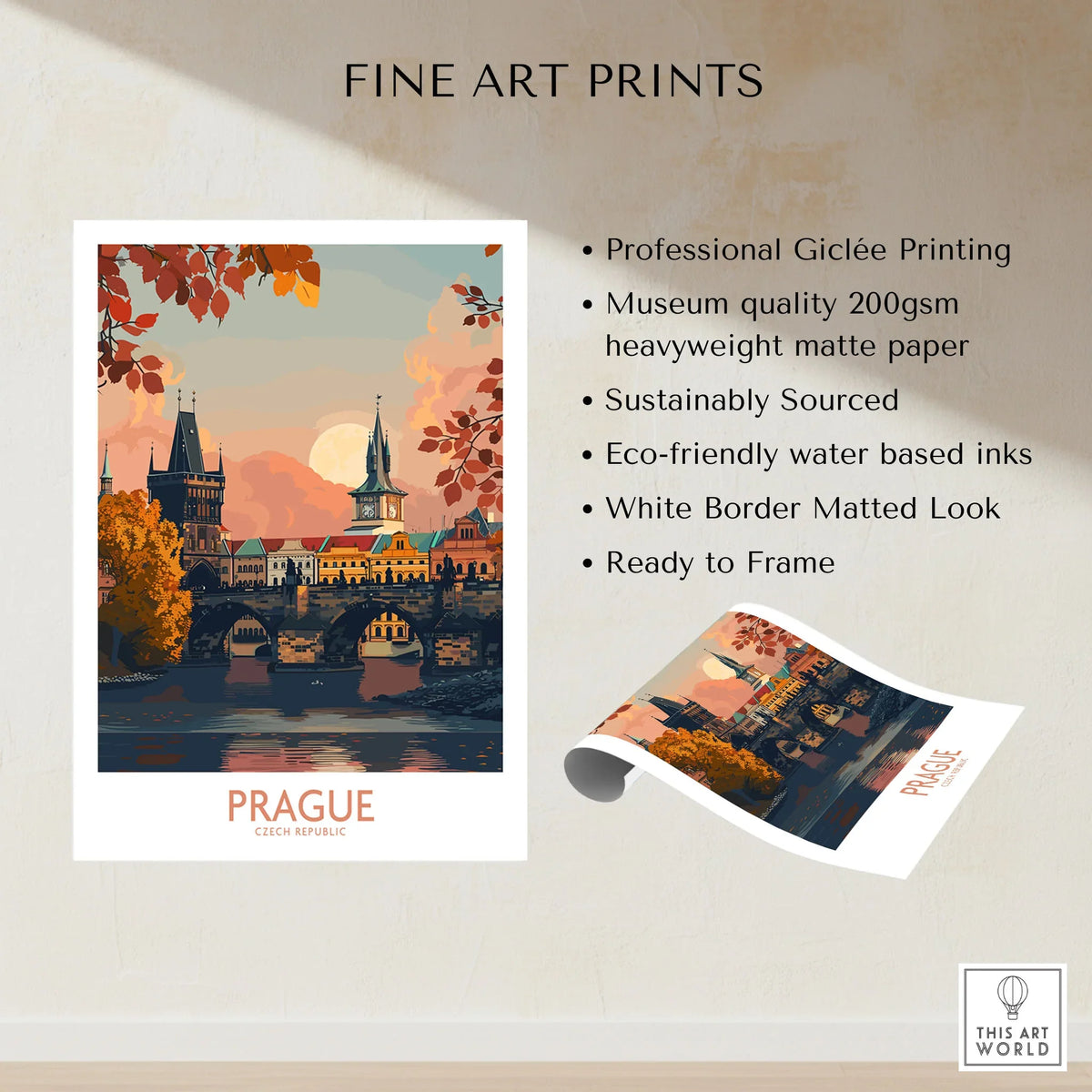 Prague Travel Print fine art print specifications: giclee printing on 200gsm museum quality matte paper, ready to frame