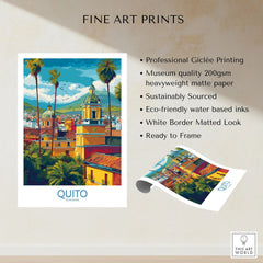 Ecuador Quito Cityscape Travel Print Poster Colonial Churches Andes Mountain Wall Art fine art print specifications: giclee printing on 200gsm museum quality matte paper, ready to frame