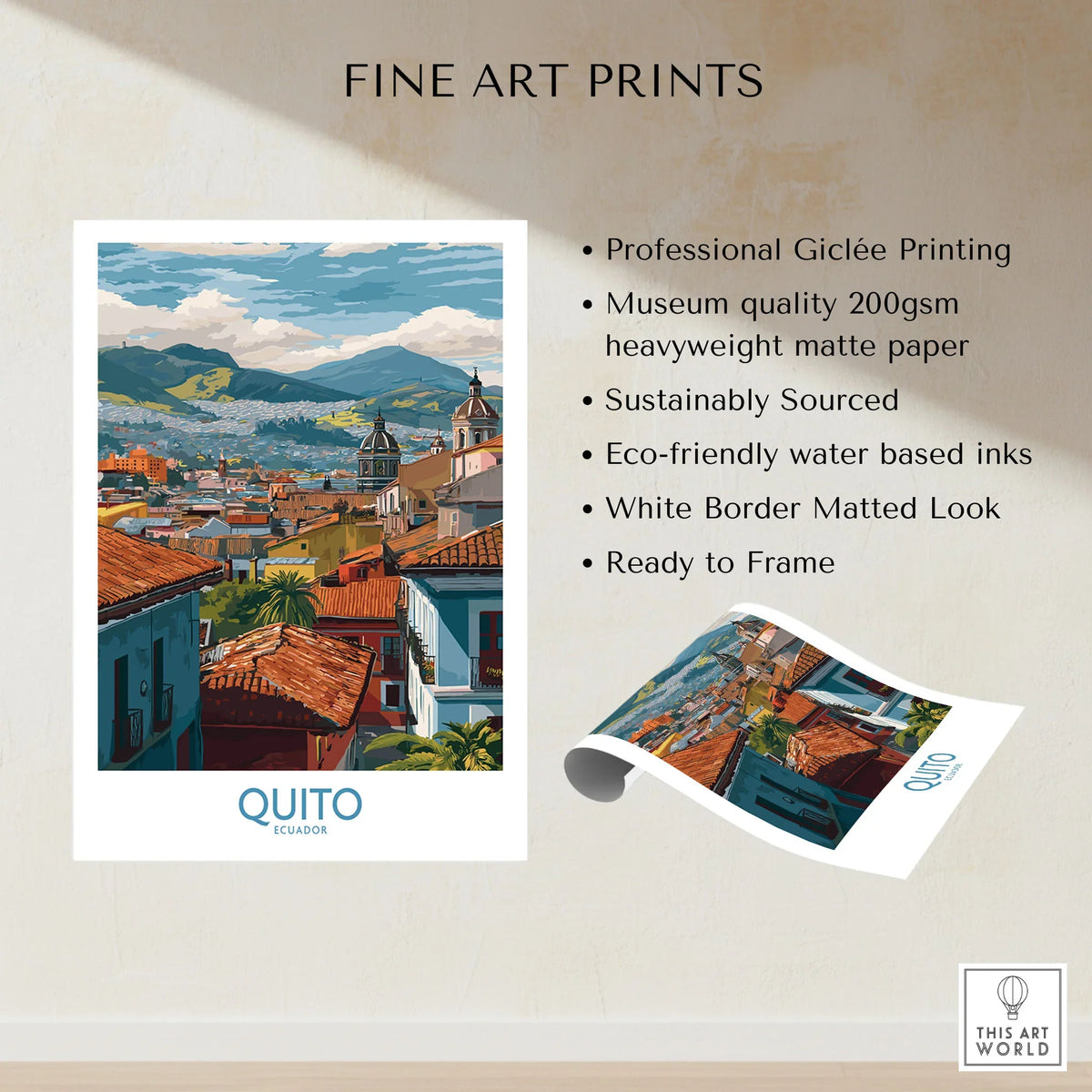 Ecuador Quito Rooftops Travel Poster City View Print Andes Landscape Wall Art South America fine art print specifications: giclee printing on 200gsm museum quality matte paper, ready to frame