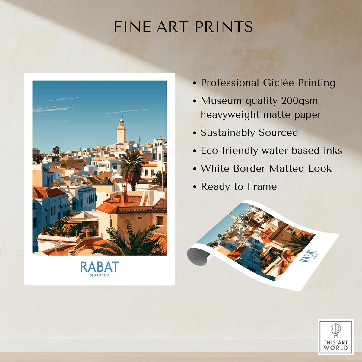 Rabat Morocco Minaret Skyline Wall Art — medina rooftops and a pale minaret in late afternoon sun, shown as fine art print unframed quality details