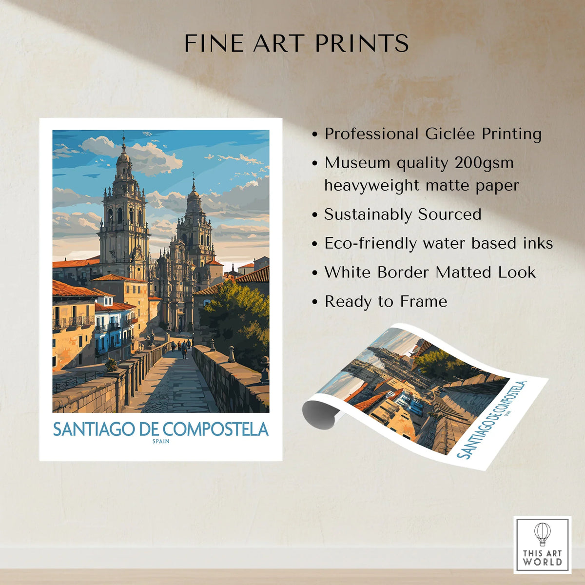 Santiago de Compostela Pilgrimage End Art Print | Cathedral Facade Poster fine art print specifications: giclee printing on 200gsm museum quality matte paper, ready to frame