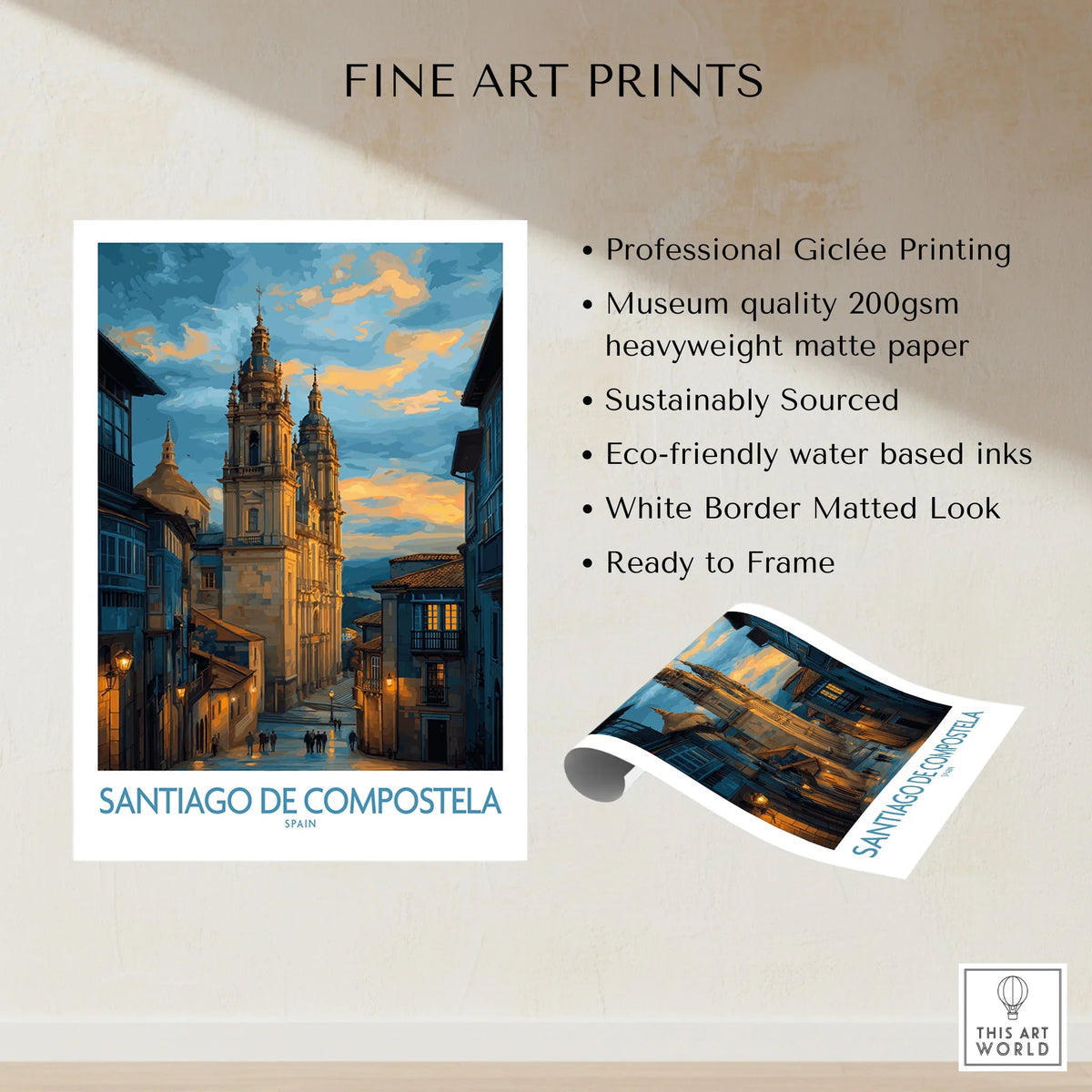 Santiago de Compostela Cathedral Art Print | Cityscape Poster fine art print specifications: giclee printing on 200gsm museum quality matte paper, ready to frame